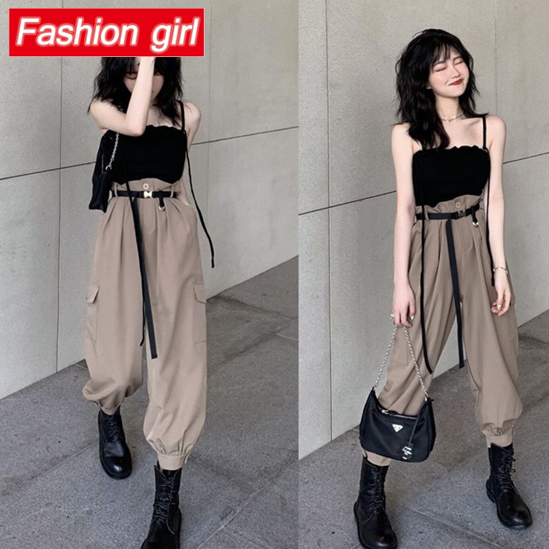 Bộ Áo Sơ Mi Tay Ngắn + Quần Yếm Dây Rút Dáng Rộng Phong Cách Đơn Giản