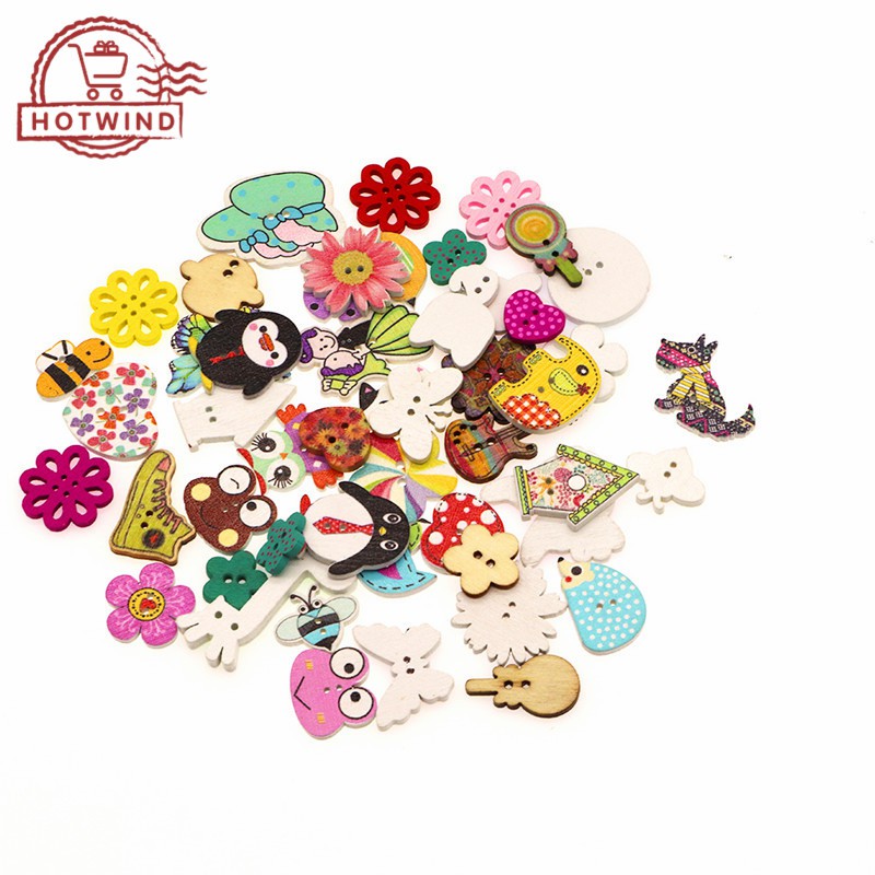 Set 50 nút gỗ 2 lỗ hình động vật hoạt hình dễ thương dùng làm đồ thủ công