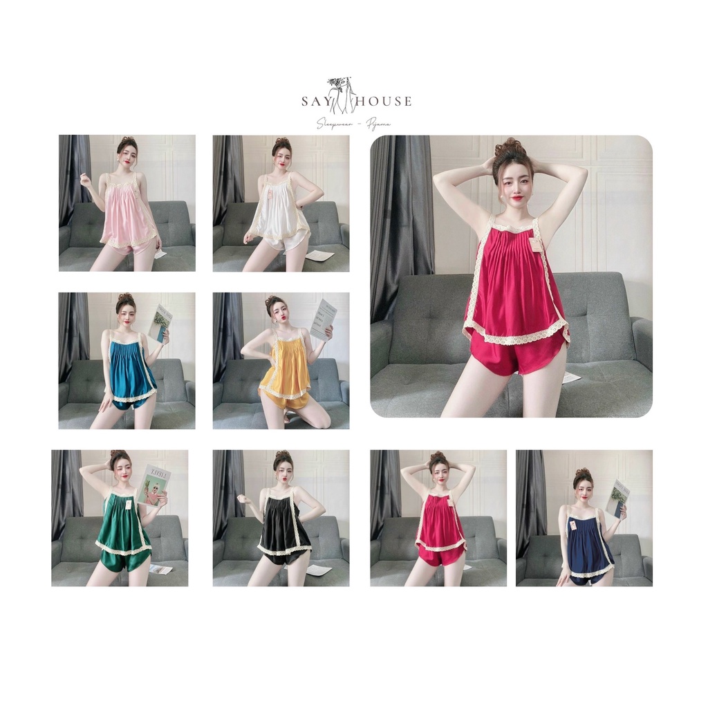 Pijama lụa, Đồ ngủ, Bộ hai dây đùi lụa phối ren trắng