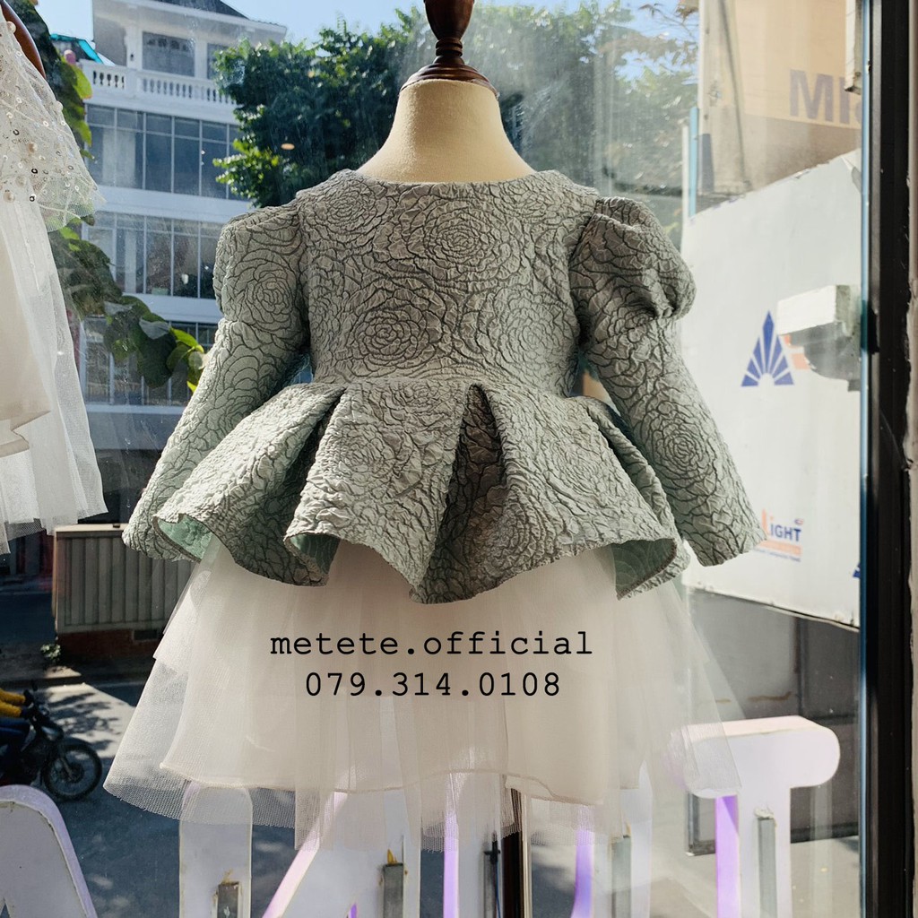 Váy đầm công chúa thiết kế cho bé gái xanh rêu tay bồng sang chảnh - Mẹ Tê Tê