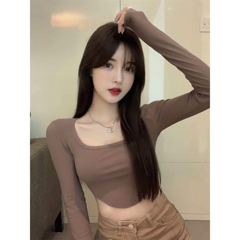 Cocory vn Áo croptop tay dài màu trơn dáng ôm thời trang quyến rũ thích hợp cho nữ