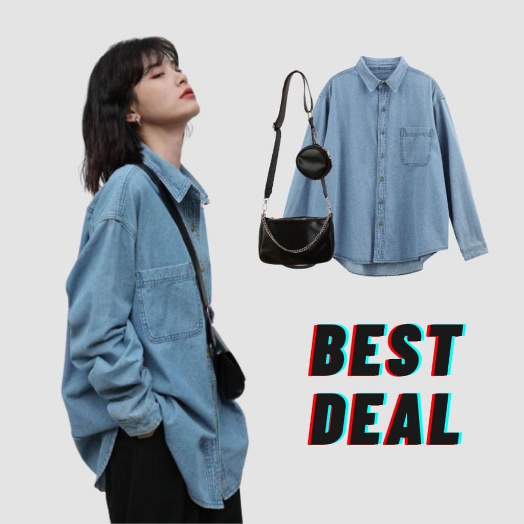 [Mã giảm giá 50K đơn 200K] Deal HOT Áo sơ mi bò Denim style Vintage Pháp dáng rộng basic kèm túi da phong cách cho nữ