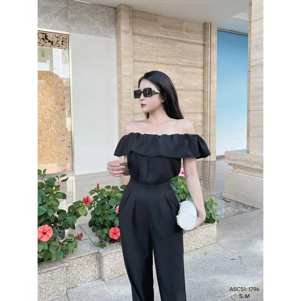 Set quần xuông li eo áo trễ vai bèo phong cách bassic dể thương CHIBEST ASC51