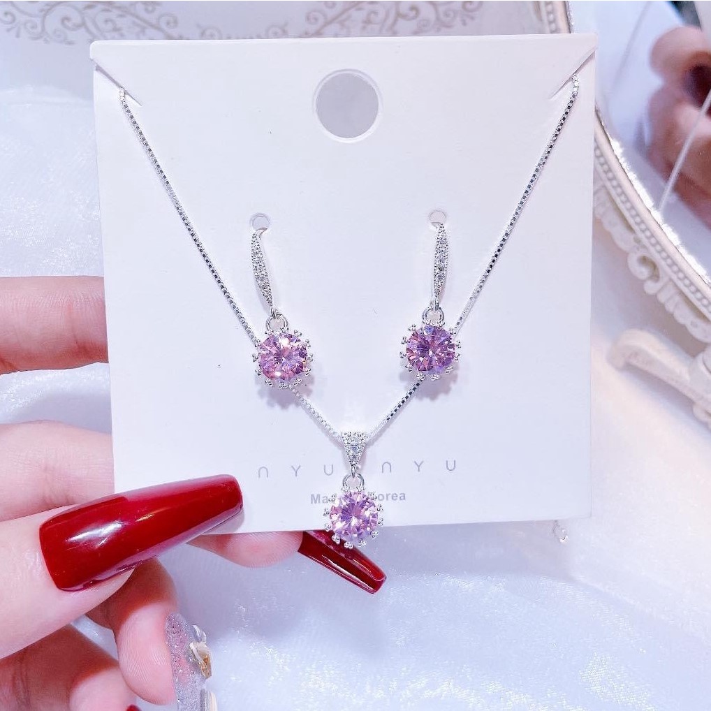 Combo trang sức bạc Dây chuyền + Bông tai gắn đá màu, phong cách trẻ trung năng động