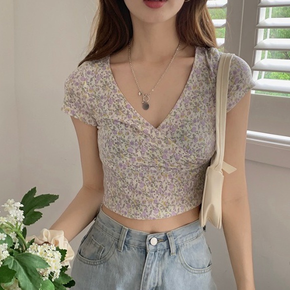 Áo Thun Ngắn Tay Cổ Chữ v In Hoa Eo Cao Thời Trang Mùa Hè Phong Cách Hàn Quốc Mới Dành Cho Nữ