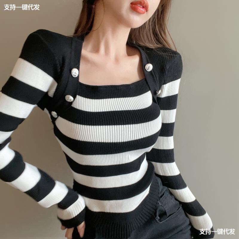 Áo len nữ, áo len tăm cổ vuông phối cúc siêu xinh Hàng QC loại 1.
