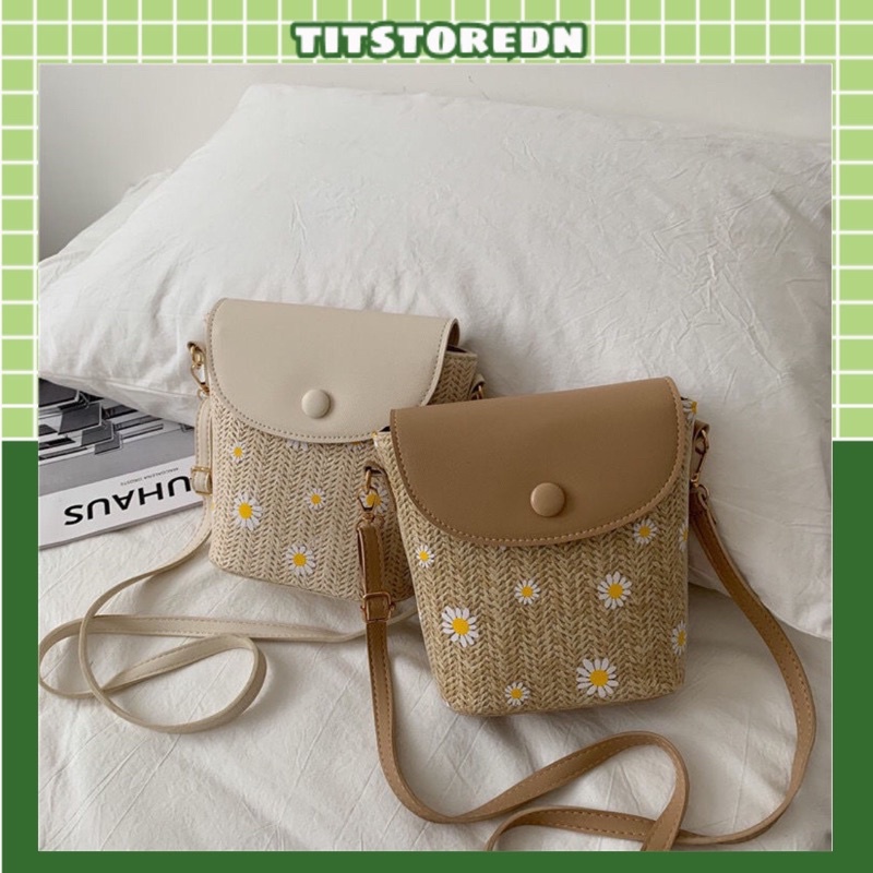 Túi đeo chéo cói phối da hoa daisy (hình thật)