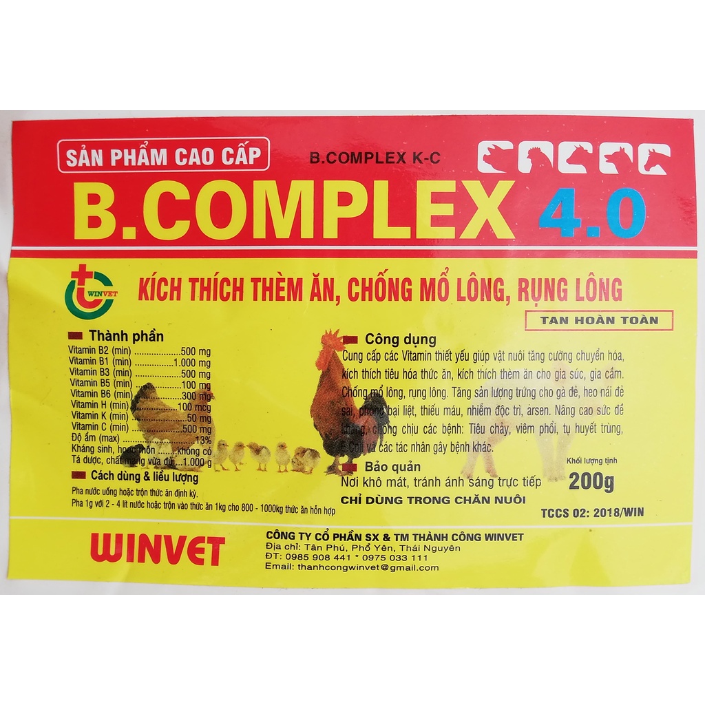 1 gói B.COMPLEX 4.0   200g Kích thích thèm ăn cho gia súc, gia cầm, chó, mèo, chim cảnh