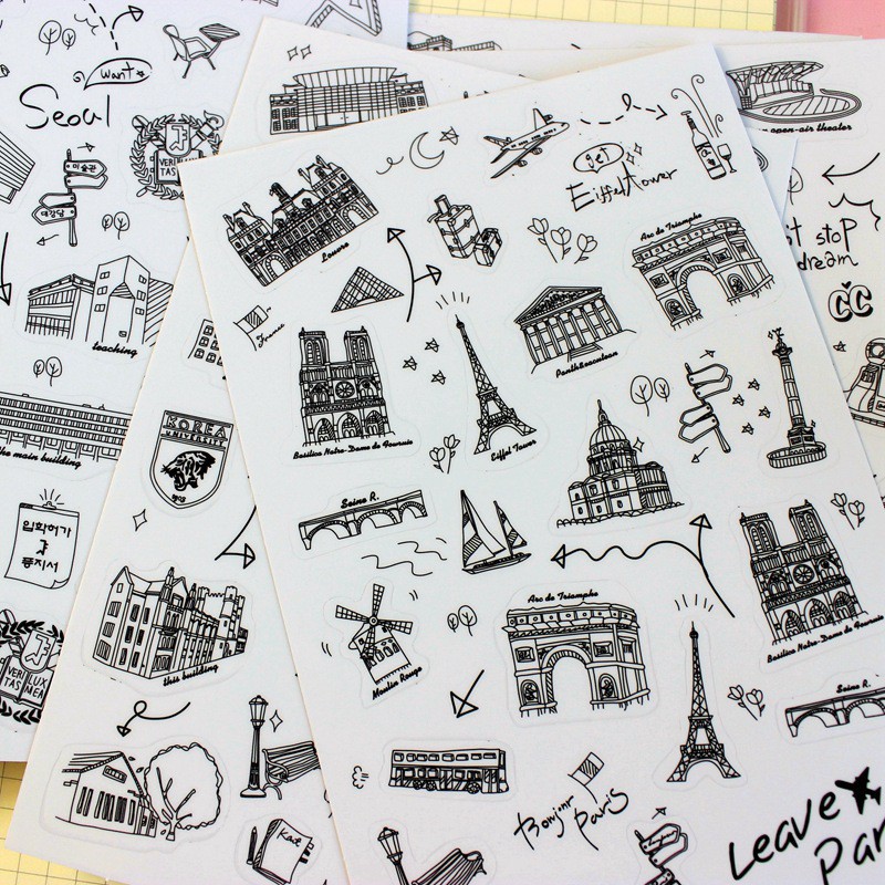 Bộ 6 tờ sicker hình toà nhà dùng trang trí