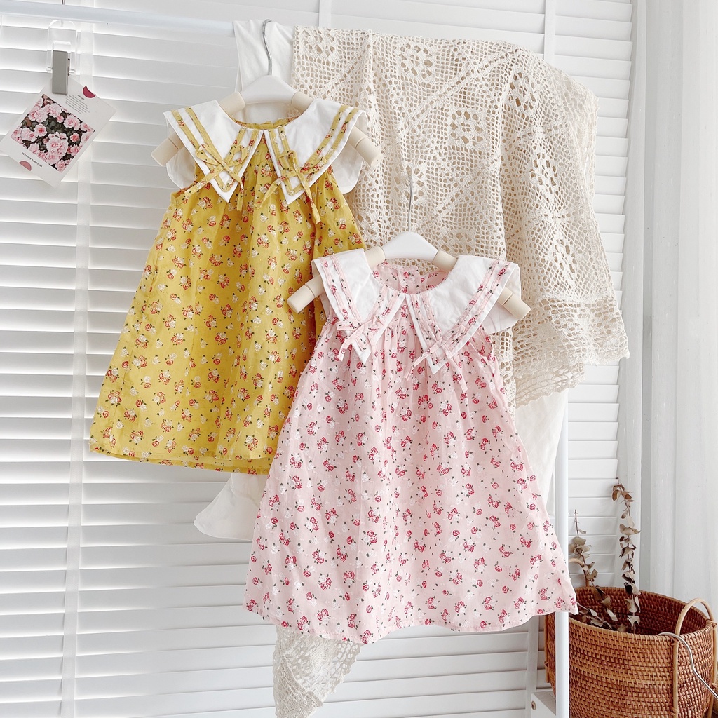 Váy hè sát nách họa tiết hoa hồng, lá cổ cách điệu cho bé 8-21kg (1-6 tuổi)