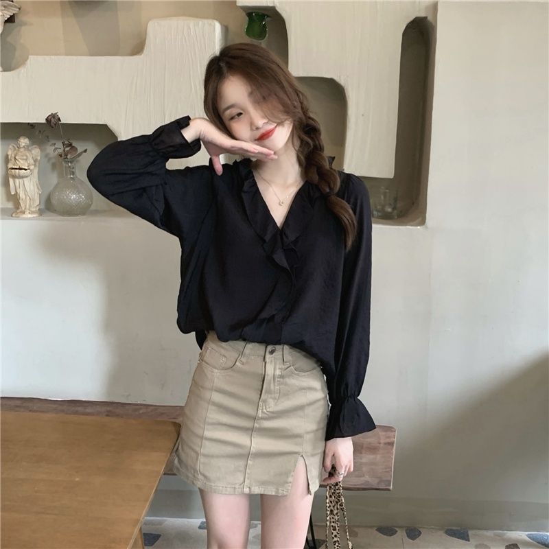 Áo Sơ Mi Chiffon Tay Dài Cổ Chữ V Phối Bèo Dễ Phối Đồ Thời Trang 49822