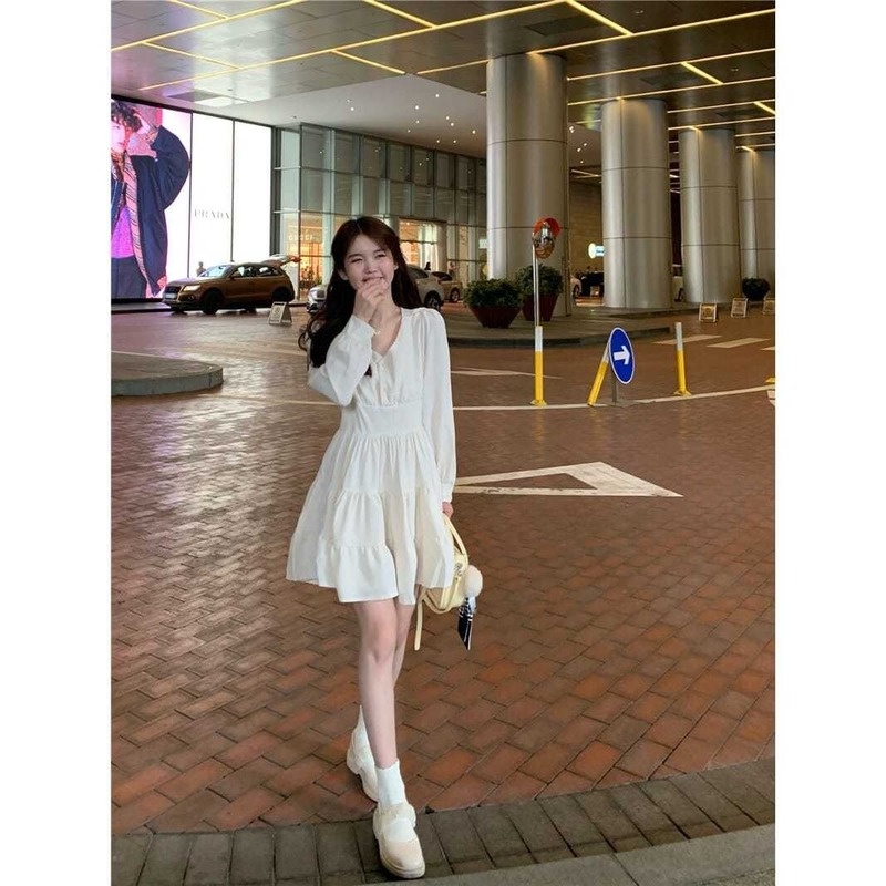 Đầm Tay Dài Cổ Chữ V Nhấn Eo Phong Cách Retro Kiểu Pháp Thời Trang Thu Đông Mới Cho Nữ