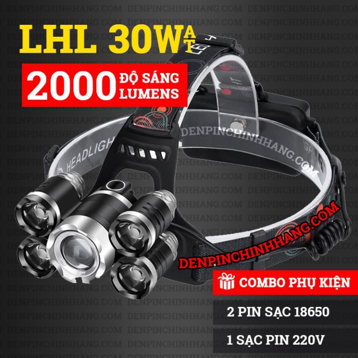 Đèn pin đội đầu 5 bóng 30W phiên bẩn 2021 - Có Zoom xa gần