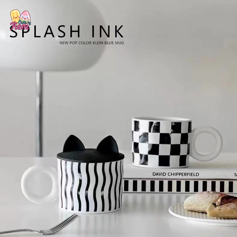 Cốc sứ có nắp, Ly Cốc Gốm Sứ EAR CARO | EAR CHECKER MUG, Ly sứ cao cấp kèm nắp tai mèo