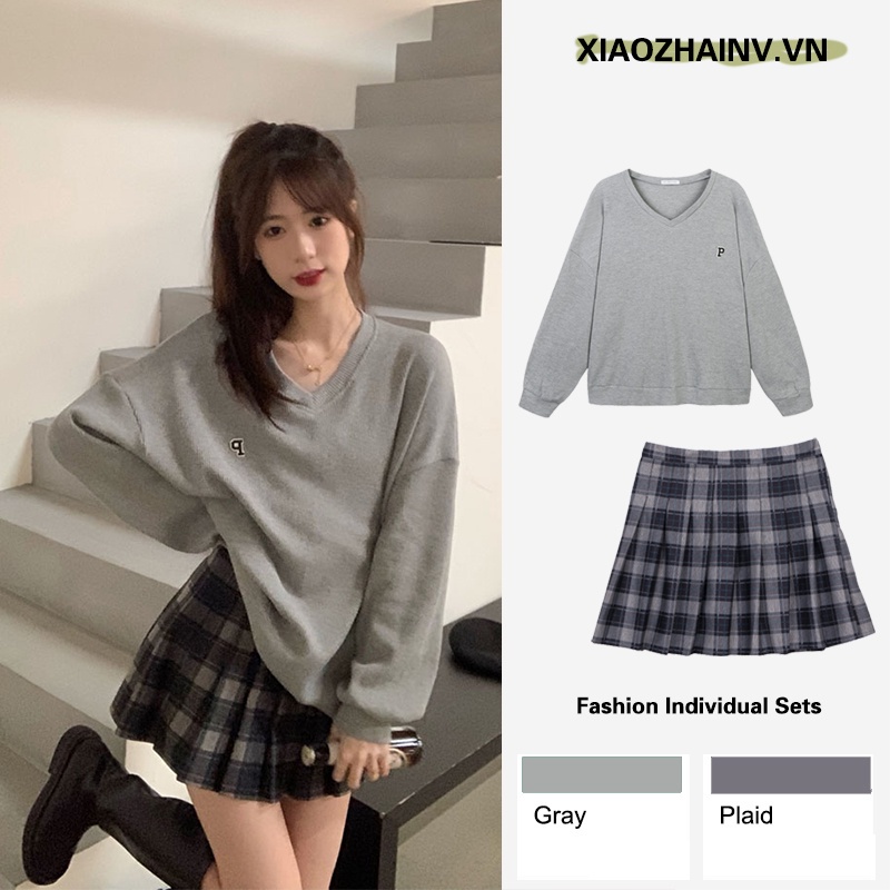 Xiaozhainv Áo Nỉ Dài Tay Cổ Chữ V/Chân Váy Caro Xếp Ly Thời Trang Nữ