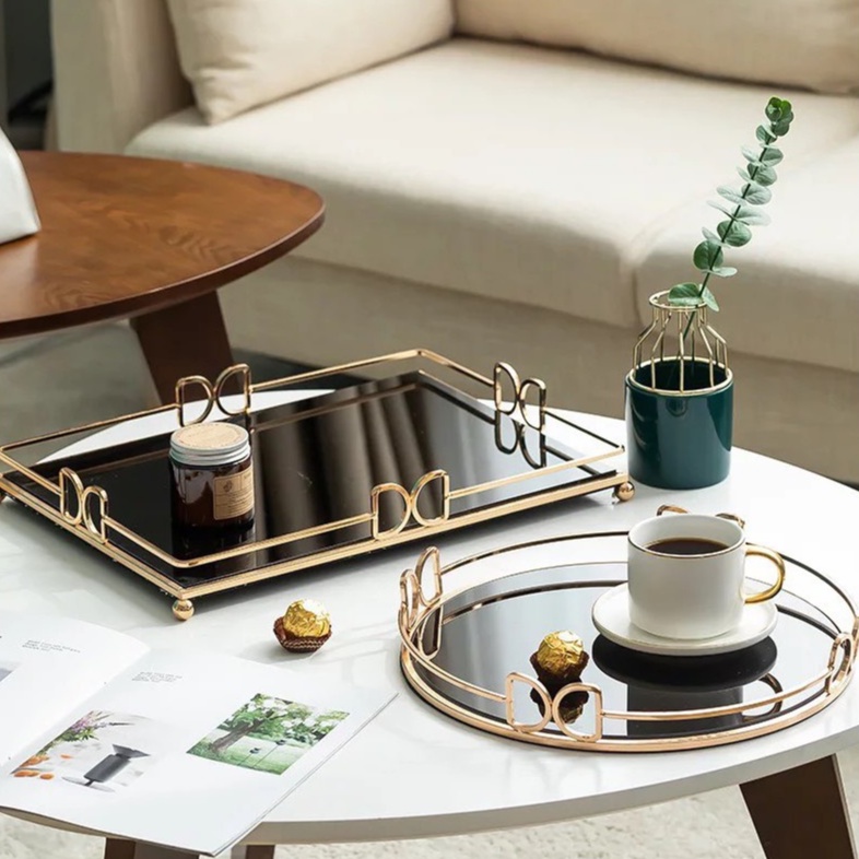 Khay Decor chữ nhật mặt kính đen viền mạ vàng cao cấp - Khay bình cốc Decor phong cách Bắc Âu