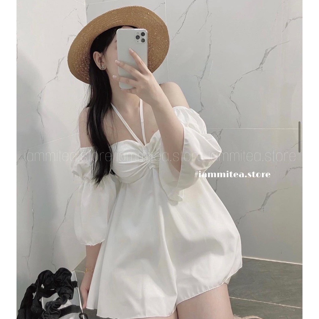 Đầm Trễ Vai Tay Bồng Dáng Xòe Chữ A Rút Dây Giữa Ngực Tiểu Thư So Cute D039