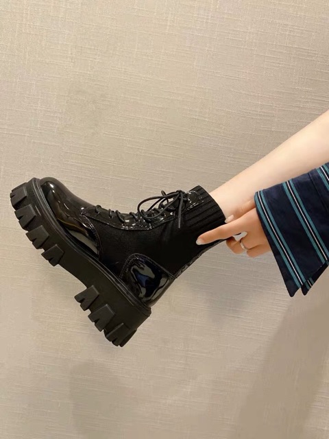 Giày boots Martin nữ cổ ngắn phối len đế cao 5cm phong cách ulzzang