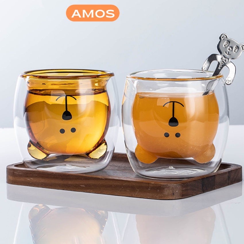Ly thủy tinh AMOS cốc thủy tinh hình gấu cute, ly thủy tinh 2 lớp chống nóng 250ml