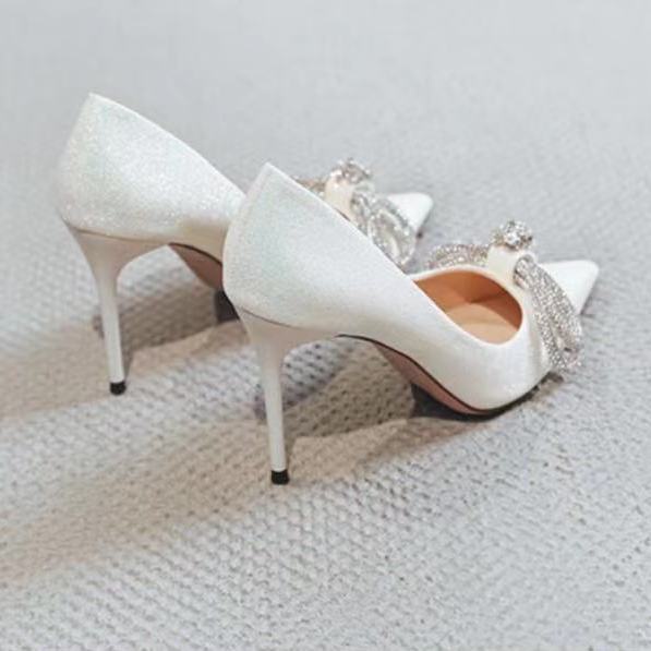 Giày cao gót mũi nhọn phối nơ đính hạt cườm thời trang cho nữ