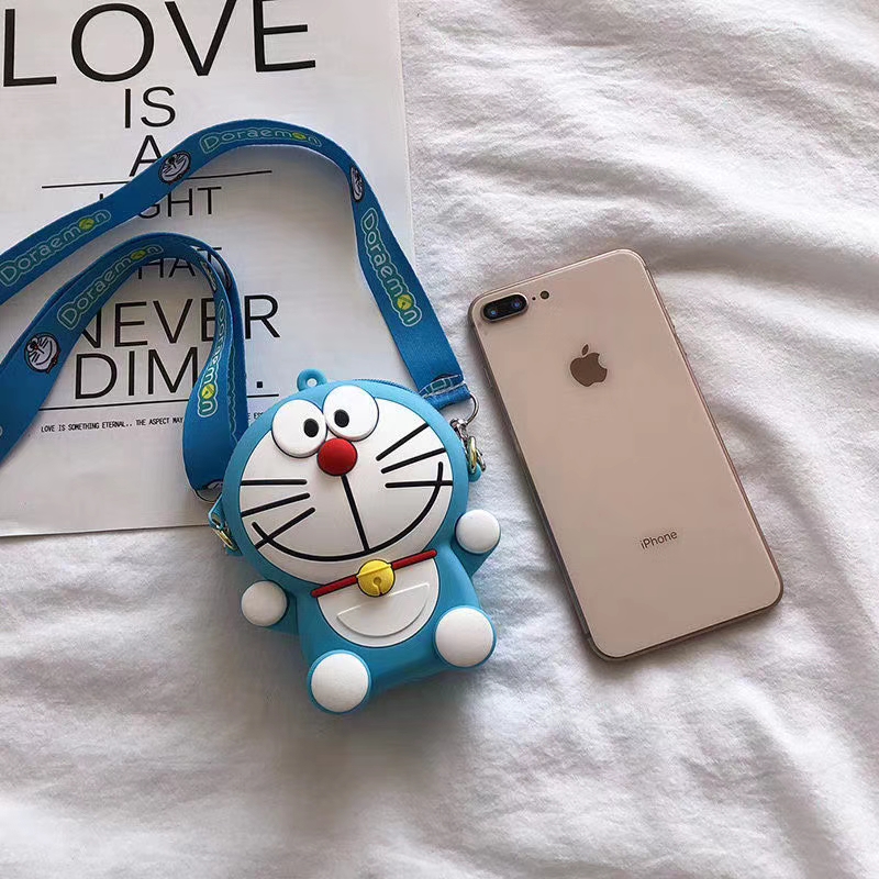 túi đựng tiền Korean Version Cartoon Doraemon Sling Bag Crossbody Silicone Wallet Card Shoulder Bag Diagonal Girls Women Soft Coin Purse Bag with Strap