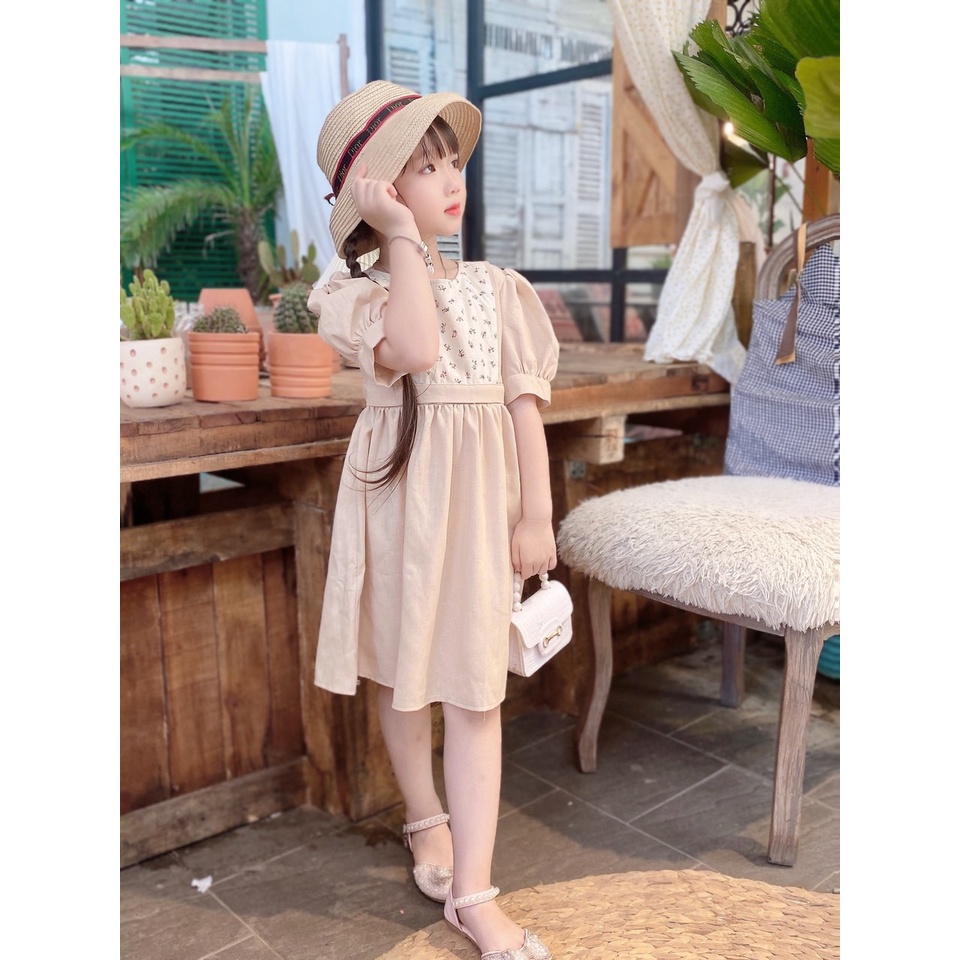 Váy đầm thiết kế vintage cho bé gái từ 8-32kg chất linen bột màu be mềm mịn mát