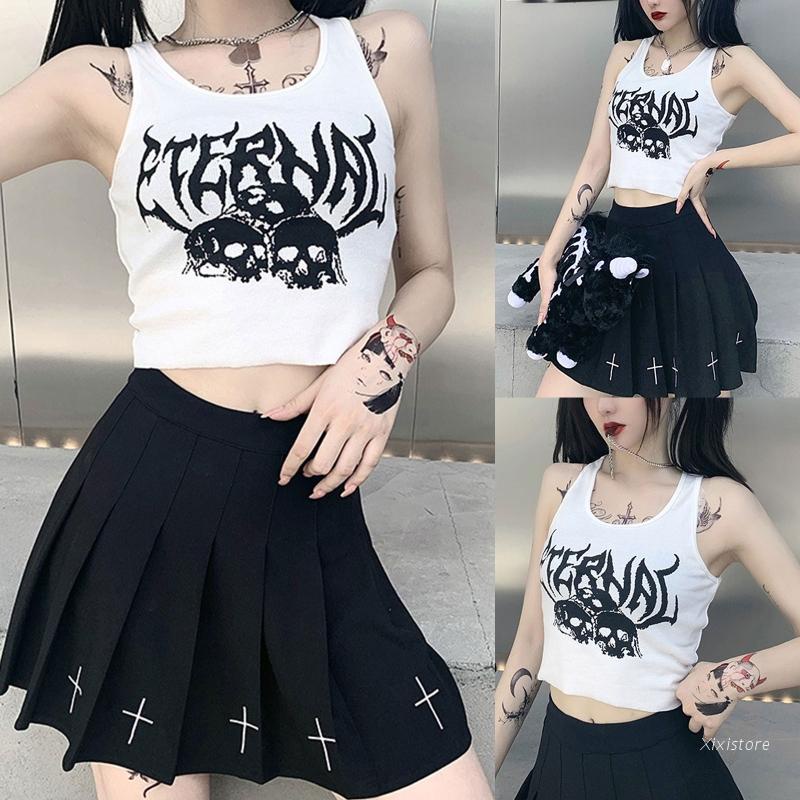 XIXI Áo Croptop Sát Nách In Hình Đầu Lâu Phong Cách Gothic Cổ Điển 90s Thời Trang Cho Nữ