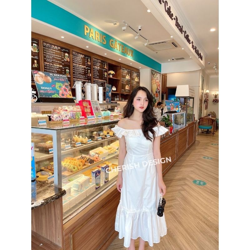 Váy Cổ vuông babydoll Trắng - Váy Đầm body Trễ vai - Hàng thiết kế Đủ size SML | BigBuy360 - bigbuy360.vn