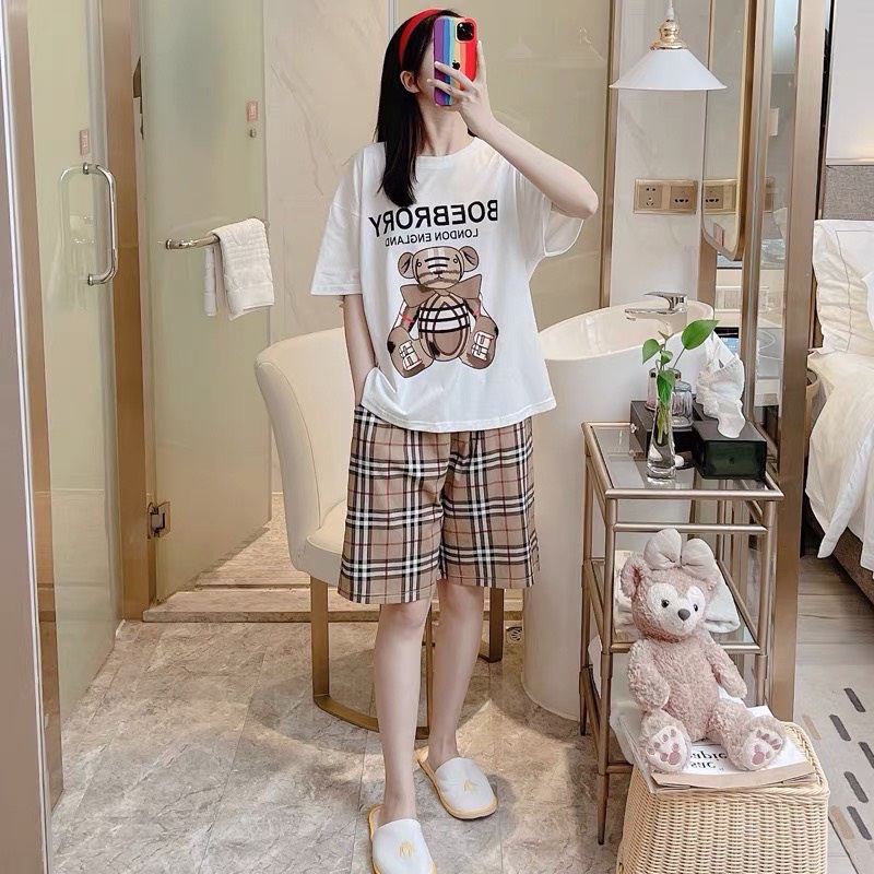 Bộ đồ thời trang caro in hình dễ thương mặc ở nhà đi chơi đều xinh_chất liệu Cotton cao cấp