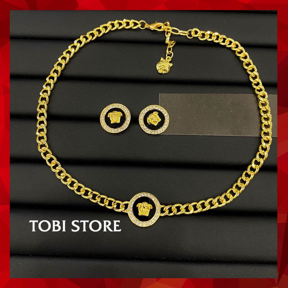 Vòng cổ chocker thương hiệu VS xích mạ vàng mặt logo đen VCH41