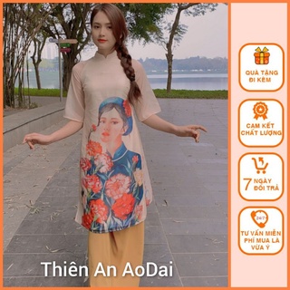 Áo dài Lụa 4 tà họa tiết cô gái