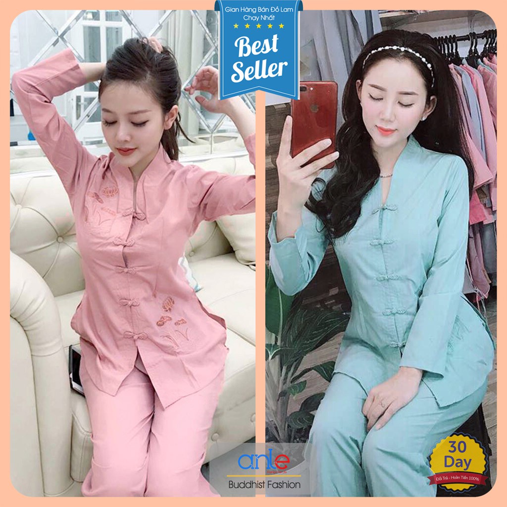 ▩☃Đồ lam đi chùa Bộ Bà Lai Cổ Tim Thêu sen Vải Kate Cotton Không nhăn, Pháp phục quần áo BBLT2AN - Anle Store