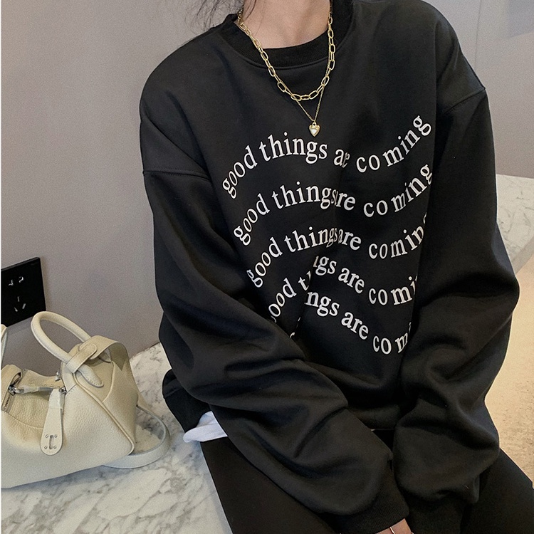 Porozi  Áo sweater nữ cổ tròn dáng rộng in chữ đơn giản thời trang Hàn Quốc