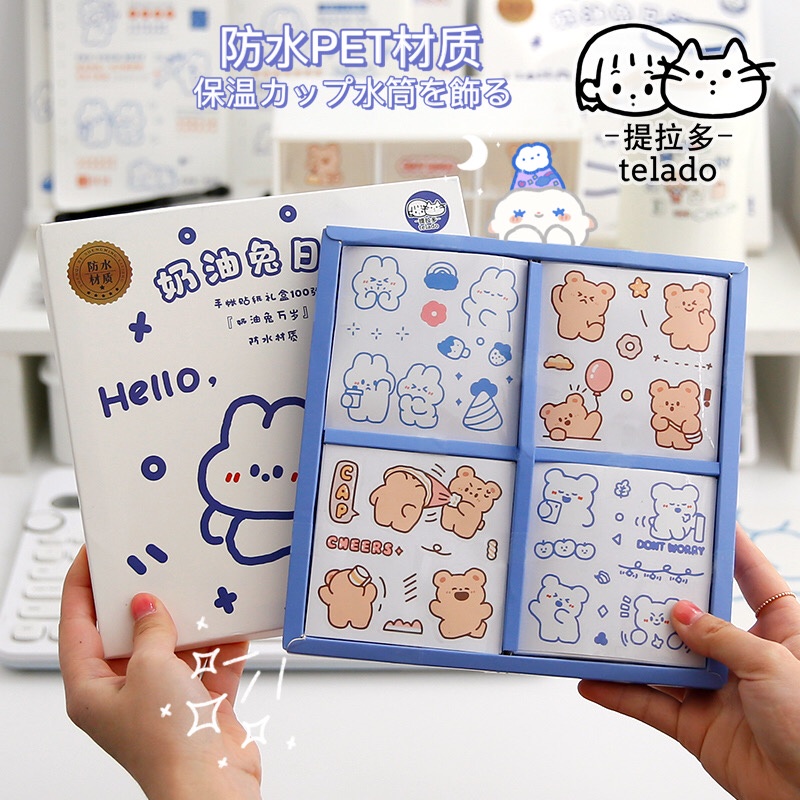 Hộp 100 Miếng Dán Pet Chống Thấm Nước Diy Họa Tiết Hoạt Hình Dễ Thương