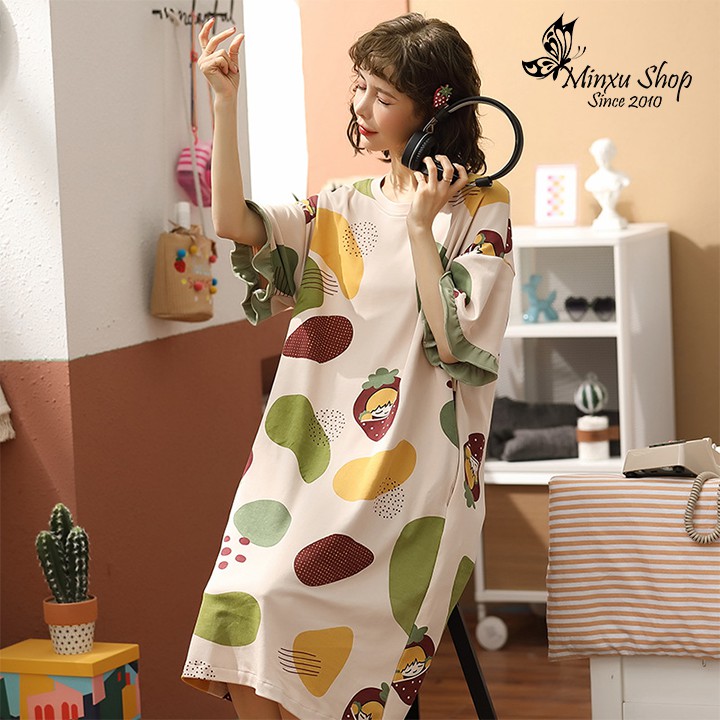 Váy Ngủ Đầm Ngủ Mặc Nhà Cotton Dáng Suông Mùa Hè Rộng Rãi Thoáng Mát Minxu Shop - Phong Cách Hàn Quốc