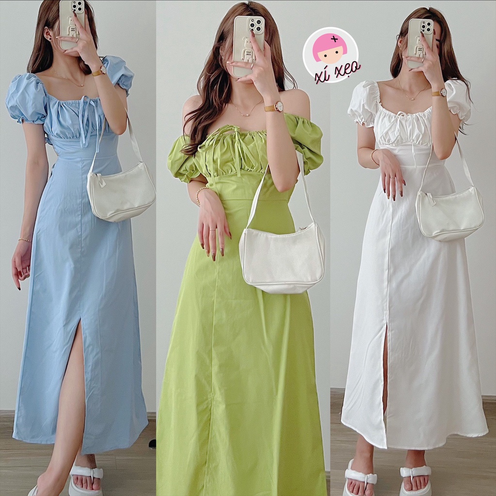 Đầm xẻ tà chun lưng tay phồng dáng dài hở lưng tiểu thư nhẹ nhàng xixeoshop - v147