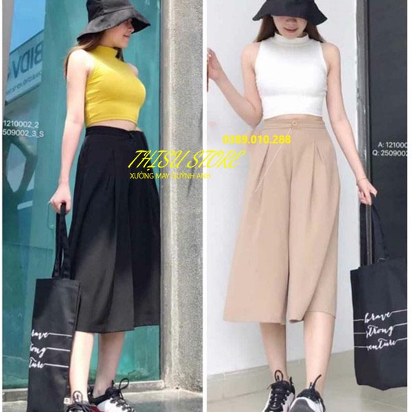 Quần lửng nữ ống rộng suông xếp ly giả váy cạp lưng cao đen trắng dáng quần đũi lửng ngố nữ dài qua gối ở nhà đi biển