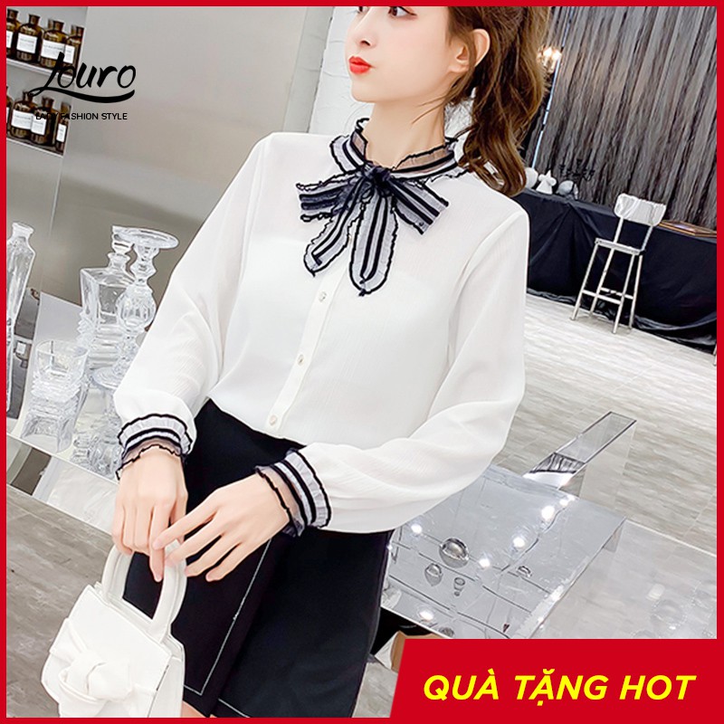 Áo voan công sở Louro L300, có ảnh thật shop chụp mẫu áo sơ mi dài tay phối cổ, tay áo