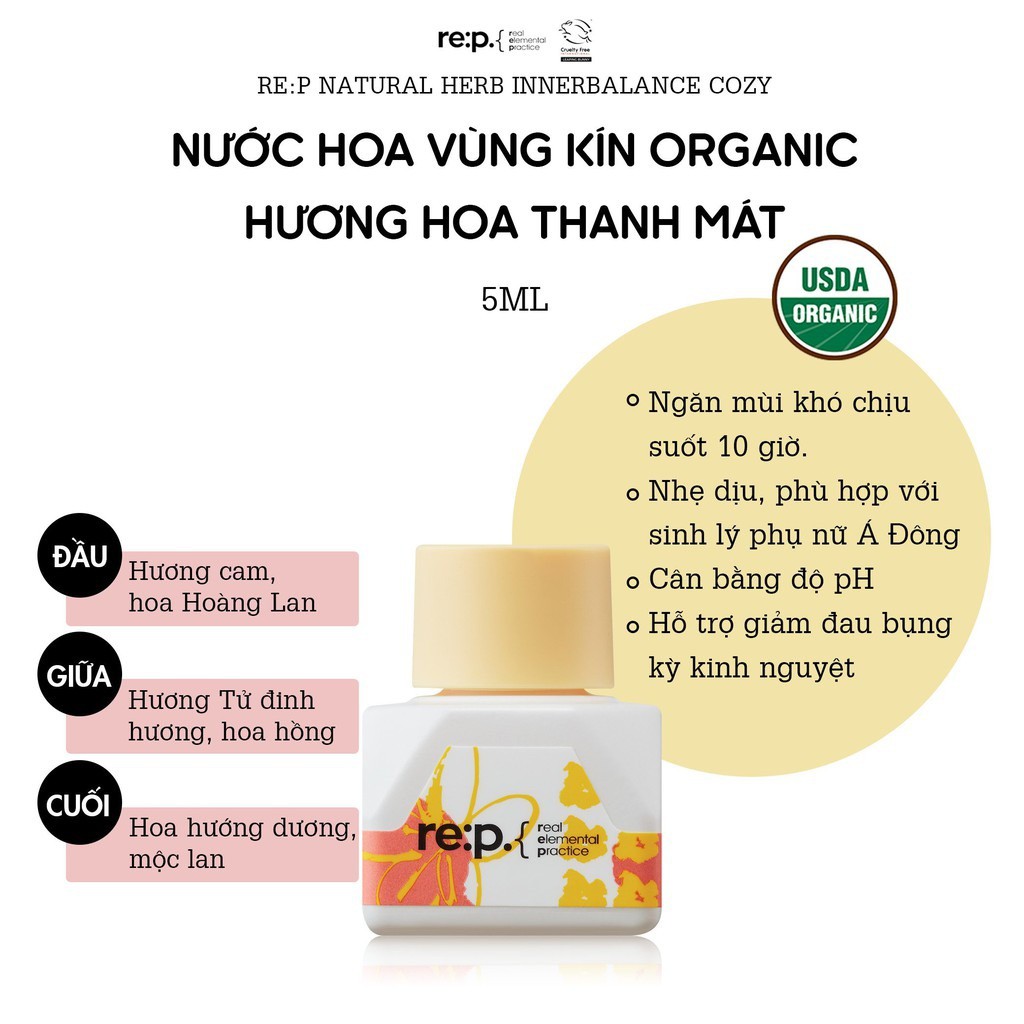 Nước hoa vùng kín RE:P Natural Herb Organic USDA nhẹ dịu ngăn mùi an toàn 5ml - Từ Hảo