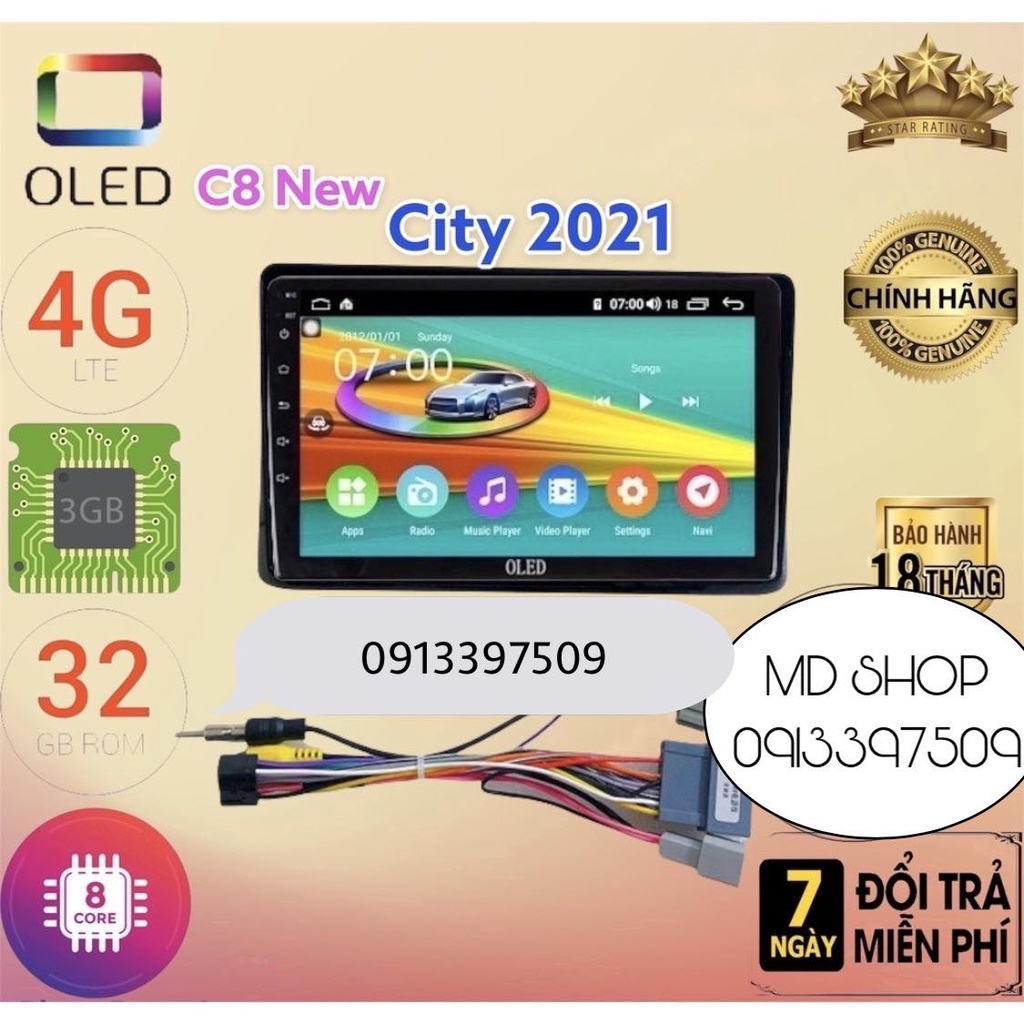 Màn hình android OLED C8 New theo xe City 2021 kèm dưỡng và jack nguồn zin theo xe