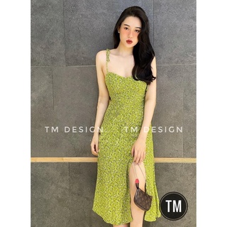 Váy hoa 2 dây xanh cốm xẻ vạt