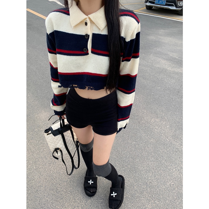 Áo sweater Dệt Kim Tay Dài Cổ polo Họa Tiết Kẻ Sọc Màu Thời Trang Hàn Quốc Xinh Xắn Cho Nữ