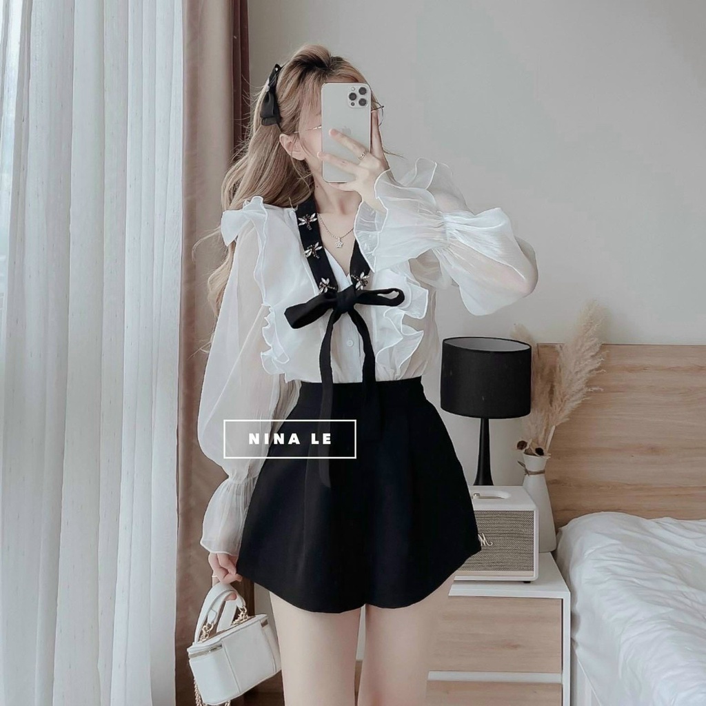 Set bộ đồ nữ áo kiểu tay dài bèo vai phối quần short đùi tinh tế sang chảnh thiết kế dự tiệc dạo phố XM MINH PHÚC