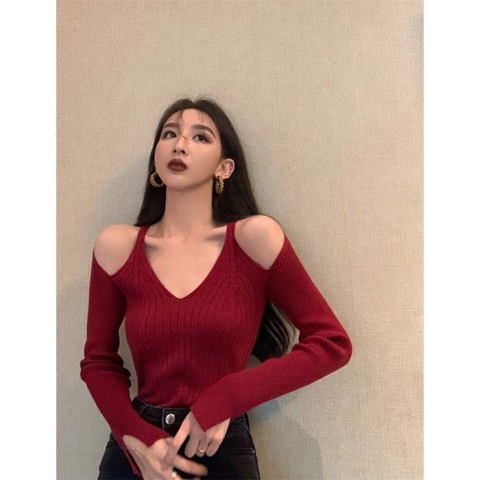 QKOOLE  Áo crop top Nữ Tay Dài Trễ Vai Quyến Rũ