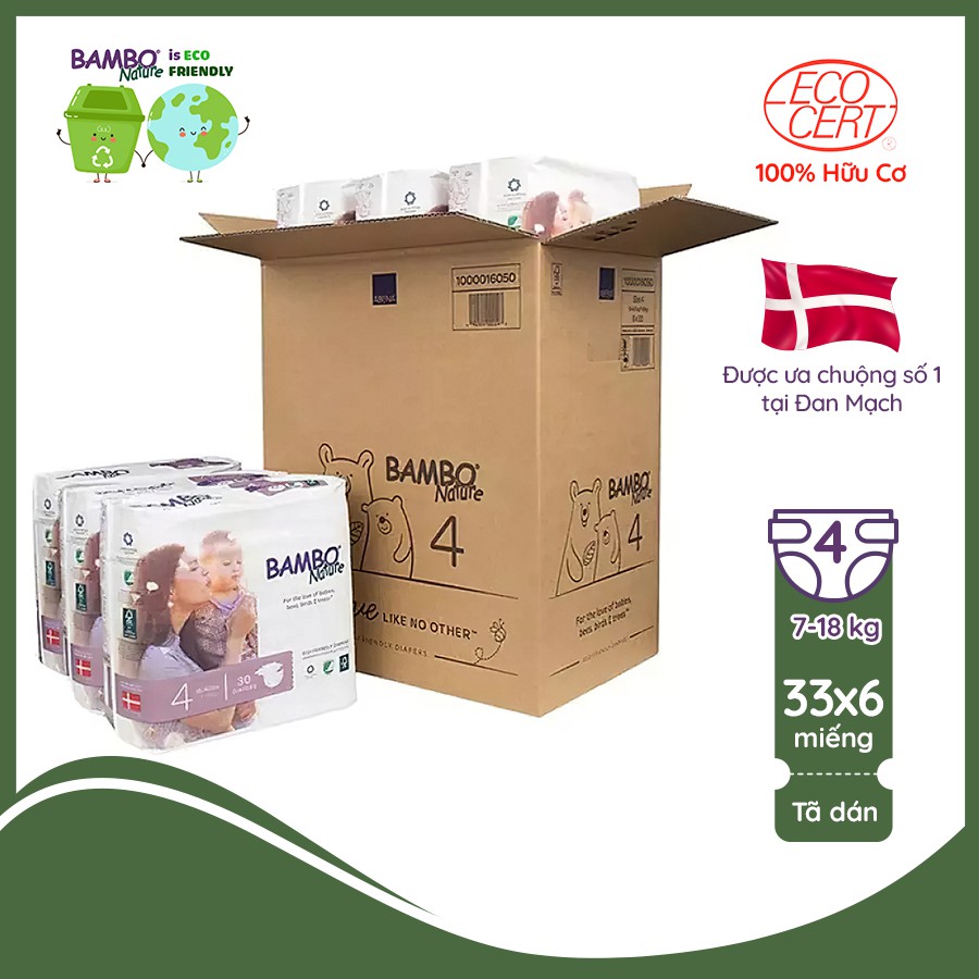 Thùng Tã Dán 100% Hữu Cơ Bambo Nature - Nhập Khẩu Đan Mạch - 8-15kg - Size L - 6 Gói - 30 miếng