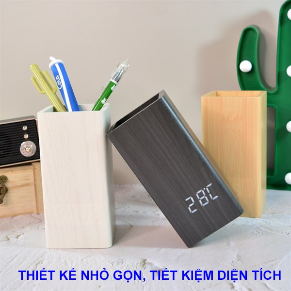 Đồng Hồ Để Bàn Gỗ Mini Đèn Led, Chế Độ Báo Thức/Nhiệt Độ Kết Hợp Khay Cắm Bút Viết