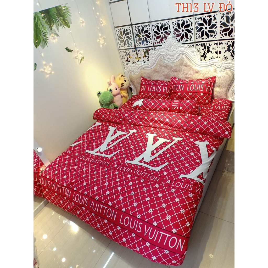 Ga Trải Giường Bọc Đệm Vải cotton poly hàn,LV hồng đỏ