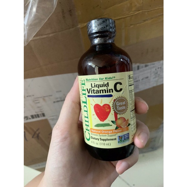 Vỏ hộp Liquid Vitamin C ChildLife 118.5ml cho một đứa trẻ từ 6th-12tuổi