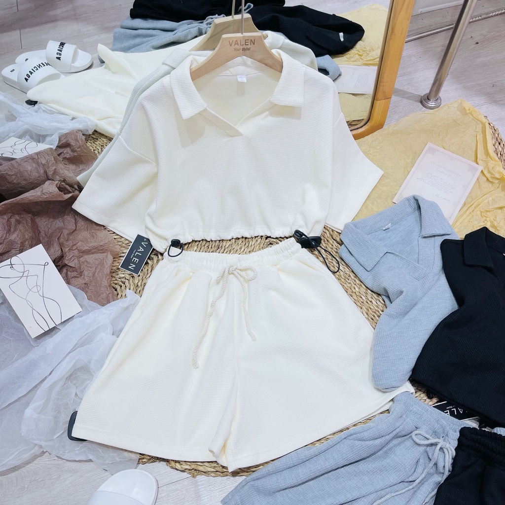 Set gạo áo croptop rút + quần - Freesize ( 4381 )
