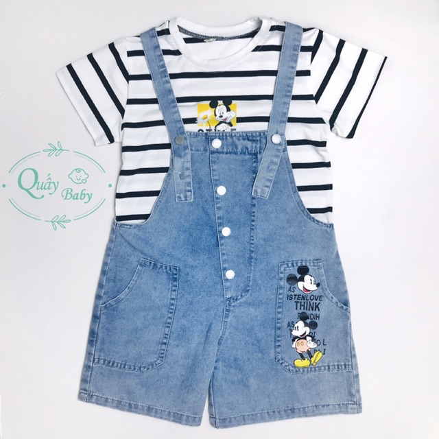 Set yếm quần xanh jean chuột mickey có áo thun sọc trắng đen cho bé gái